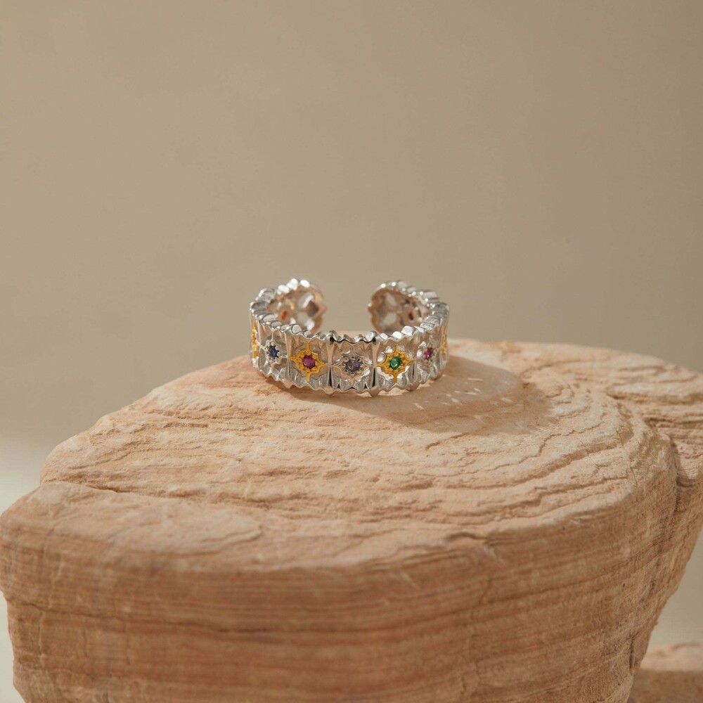 Sterling Silver Floral Multicolor Crystal Adjustable Ring Museori - Picture 2 of 4